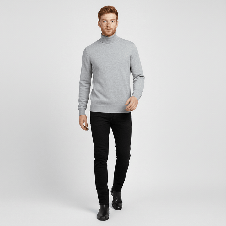 Close-up of a men's Toby slim-fit turtleneck sweater, showcasing its soft knit texture.