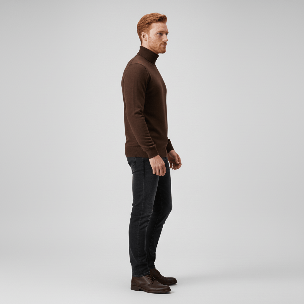 Front view of a men's slim-fit turtleneck sweater, excellent for cool weather layering.
