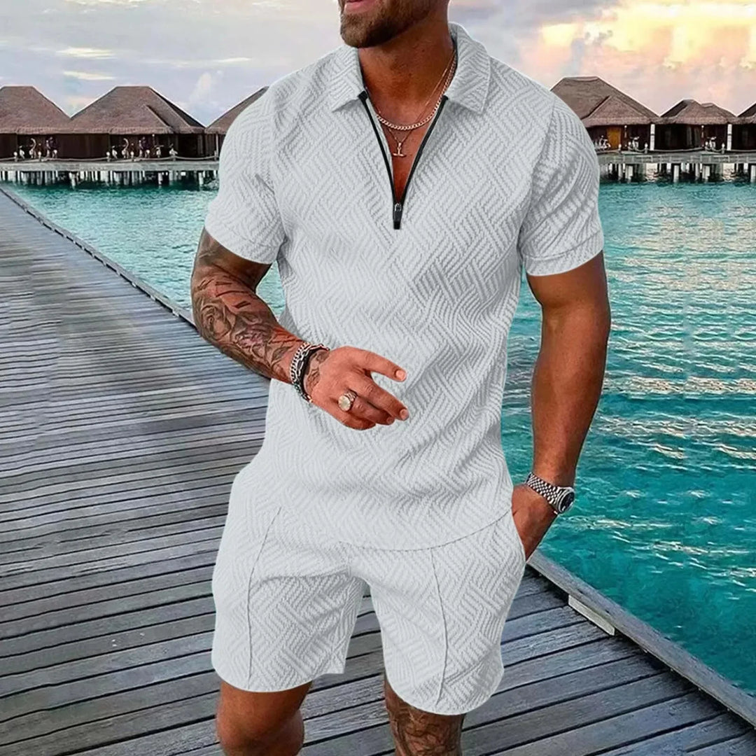 Matching men's summer outfit: classic polo shirt and shorts, ideal for vacation, active wear, or warm weather fashion.