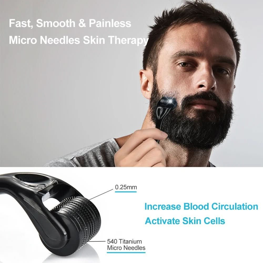 Beard dermaroller for men, part of the Ultimate Growth Kit, stimulates hair follicles for a fuller beard.