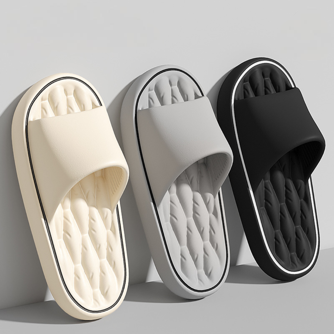 Ergonomic men's comfort sandals, "pillow slides" design for superior foot support, great for beach, pool, or house.