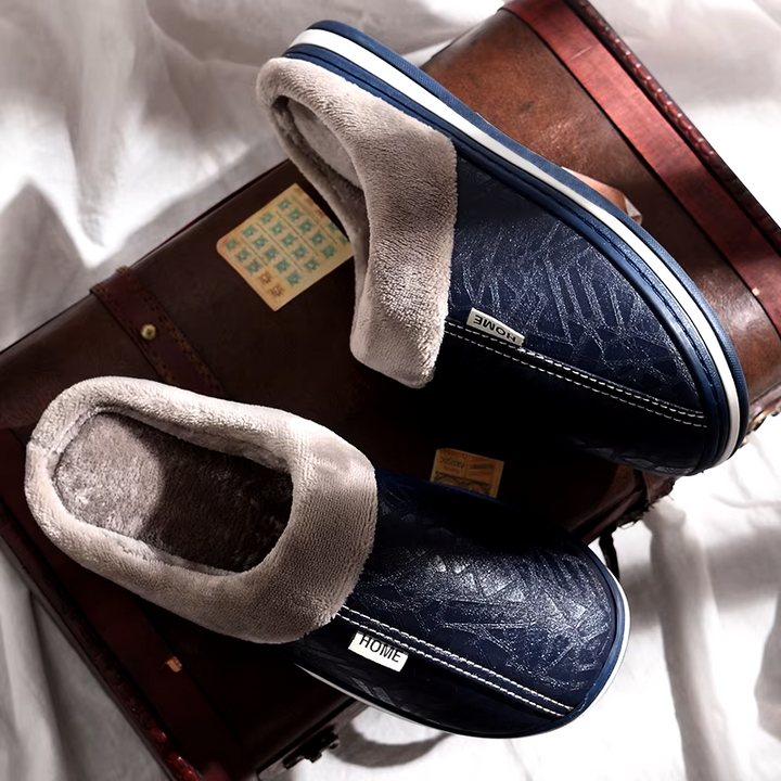 Men's cushion slides with thick sole and arch support for ultimate indoor comfort. Plush lounge shoes.