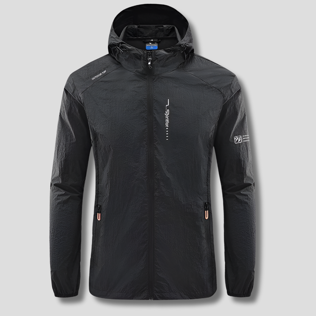 Breathable men's summer jacket; ultralight & hooded, provides sun & wind protection for active outdoor wear.