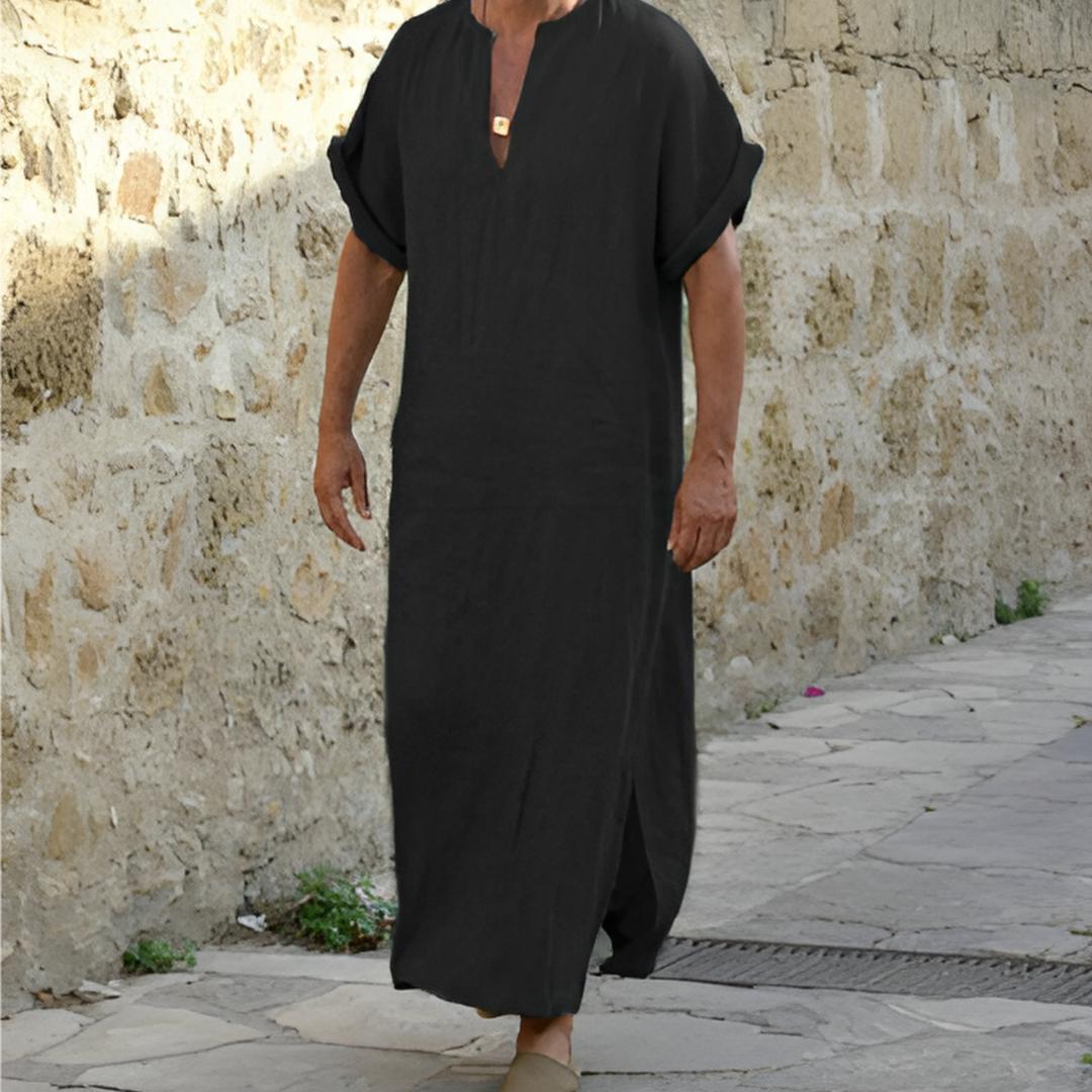 Men's V-neck long shirt with side slits, relaxed fit for casual wear. Modern everyday fashion top.