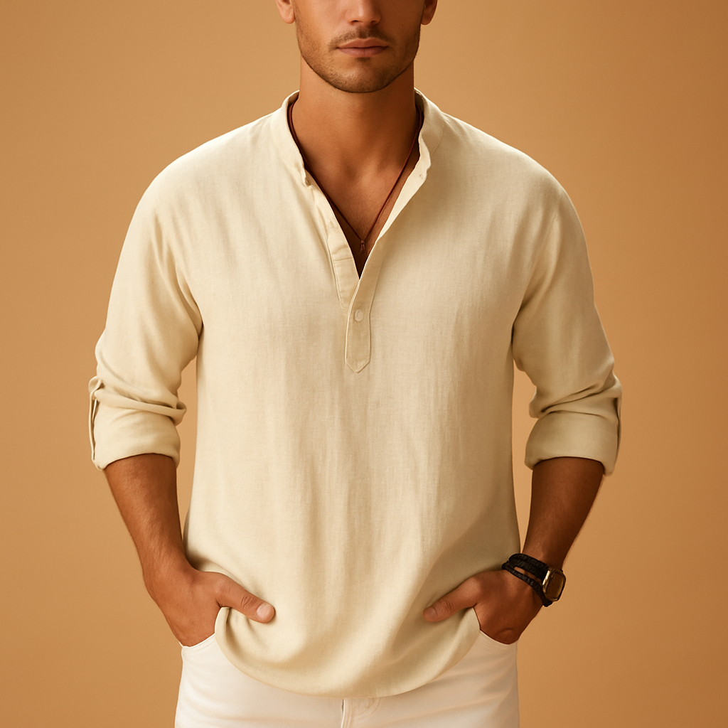Men's V-neck long sleeve shirt, casual & breathable, perfect for smart casual and everyday wear.