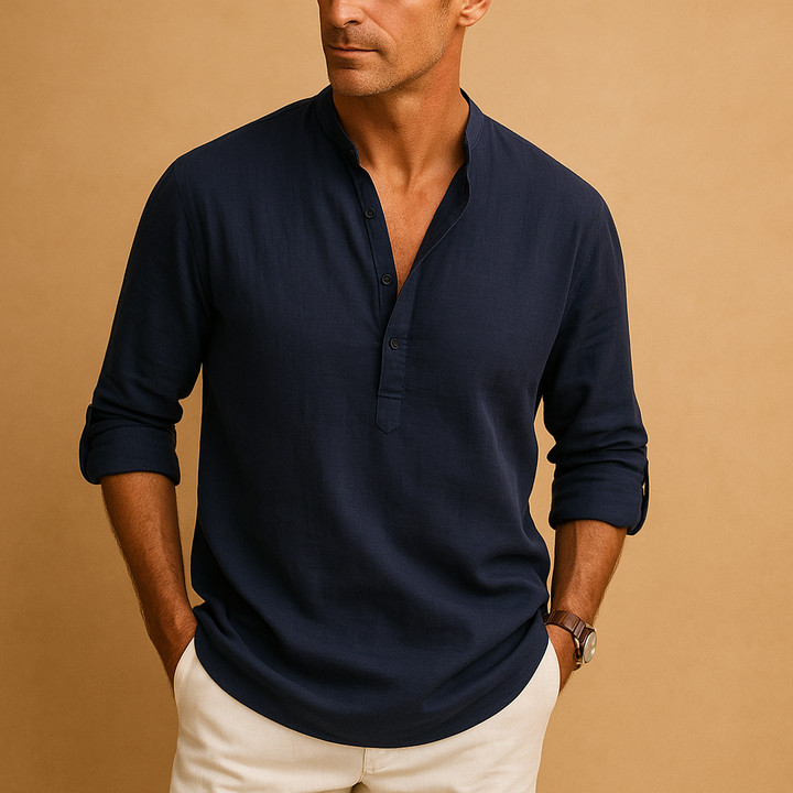 Versatile men's V-neck long sleeve shirt. Smart casual top for everyday essentials, easy to style.