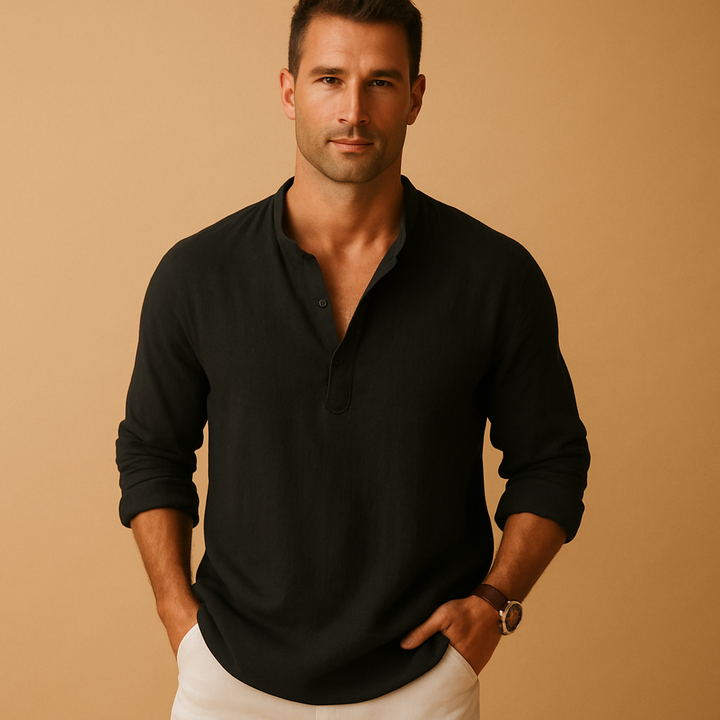 Relaxed fit men's V-neck long sleeve shirt. An everyday essential, comfortable & breathable for all-day wear.