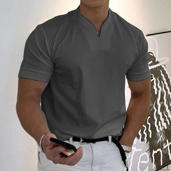Breathable men's V-neck summer shirt. Quick-dry performance tee for casual wear & active lifestyles. Short sleeve.