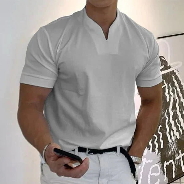Athletic men's V-neck gym shirt. Quick-dry & moisture-wicking performance tee for workouts & activewear comfort.