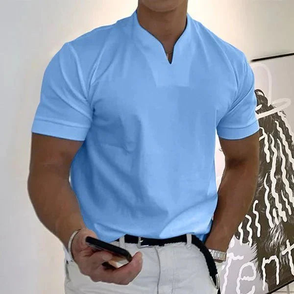 Men's V-neck performance t-shirt, quick-dry & moisture-wicking. Ideal athletic or casual summer wear for comfort.