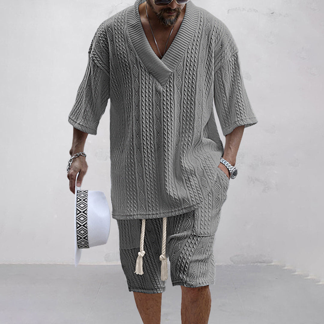 Men's V-neck shirt & shorts set, comfortable casual lounge wear. Perfect two-piece summer outfit.