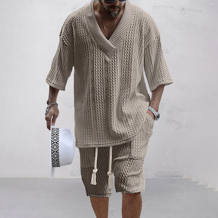 Men's V-neck top and shorts matching set, comfortable two-piece casual wear. Great for summer lounge.