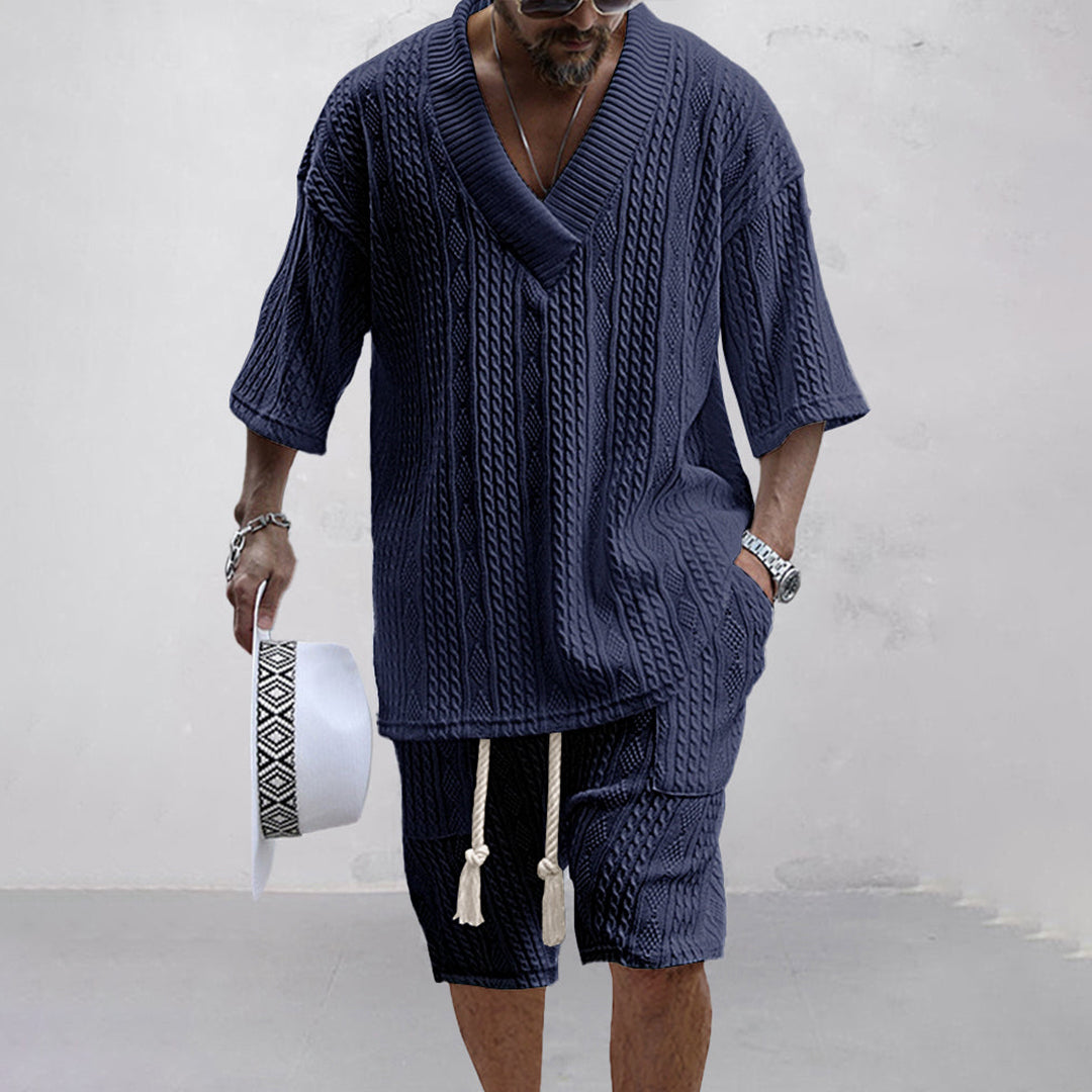 Men's V-neck shirt & shorts set for summer casual wear. Comfortable, relaxed fit two-piece fashion set.