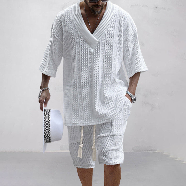 Matching men's two-piece V-neck shirt and shorts set. Ideal for casual summer fashion & relaxed fit.