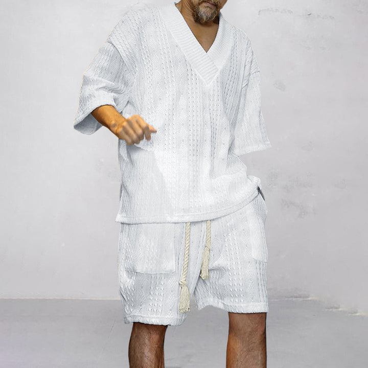 Relaxed fit men's V-neck shirt & shorts set, perfect comfortable casual lounge wear for summer.