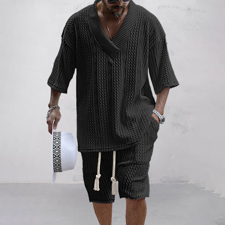 Men's V-neck short-sleeve shirt and matching shorts set. Relaxed fit, casual style, perfect for lounge.