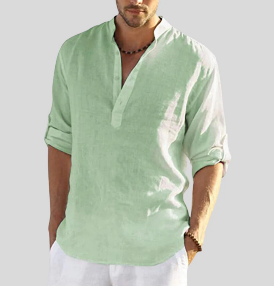 Men's V-neck short sleeve button-up shirt in a light color, perfect for casual summer comfort.