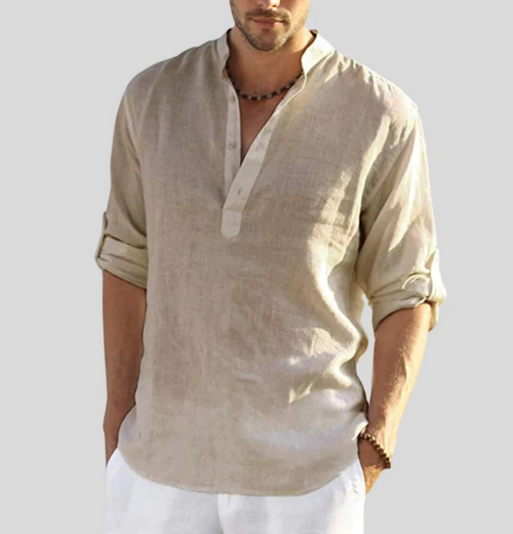 Relaxed fit men's summer shirt with V-neck and short sleeves, styled for everyday warm weather wear.