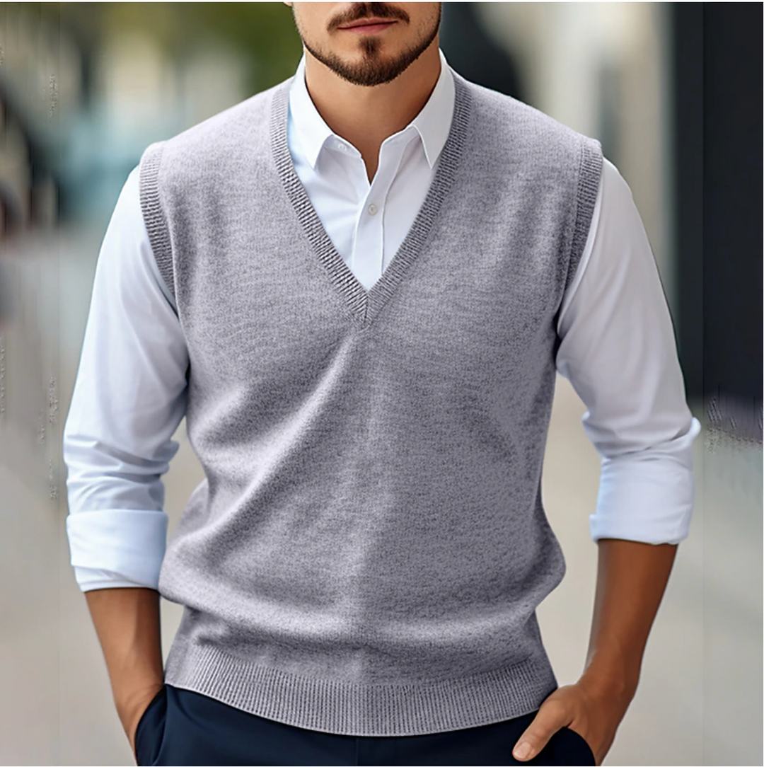 Comfortable men's V-neck knit sweater vest, a versatile sleeveless pullover for smart casual and office wear.