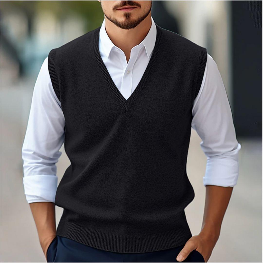 Fashionable men's V-neck sweater vest, a practical sleeveless design for effortless layering and modern men's outfits.