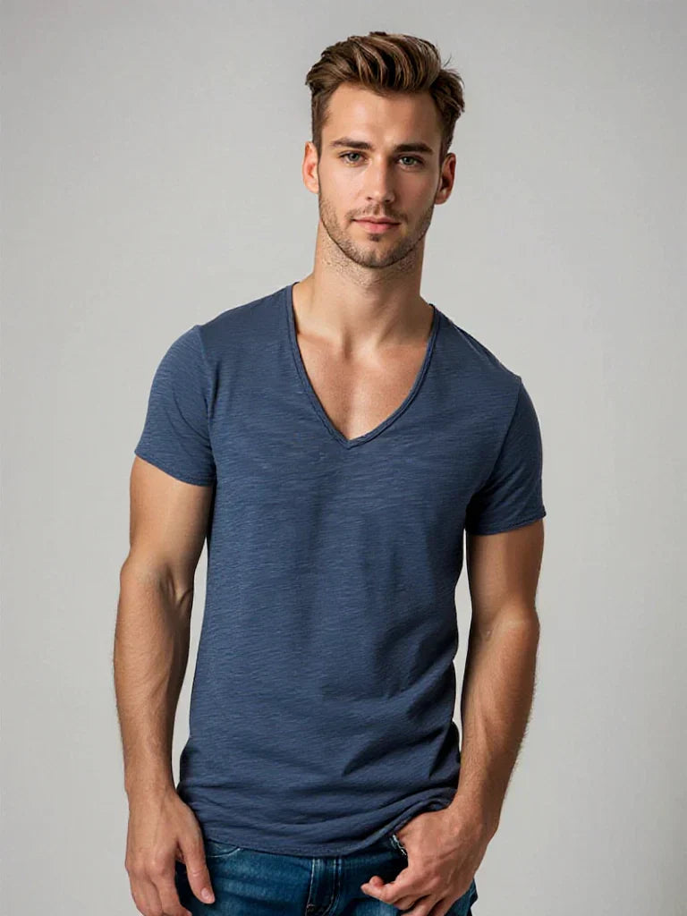 Men's V-neck t-shirt, breathable & versatile for everyday style. Perfect casual short sleeve top.