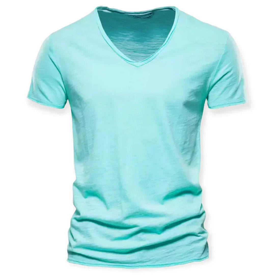 Solid color men's V-neck t-shirt with short sleeves, an easy everyday fashion casual top.