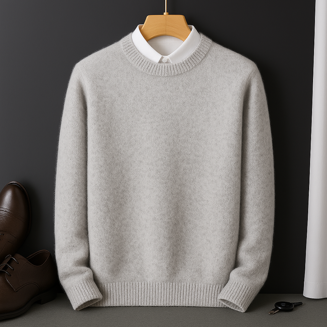 Close-up of Men's Valencia ultra-soft pullover sweater texture. Fine knit long sleeve for elegant casual style & warmth.