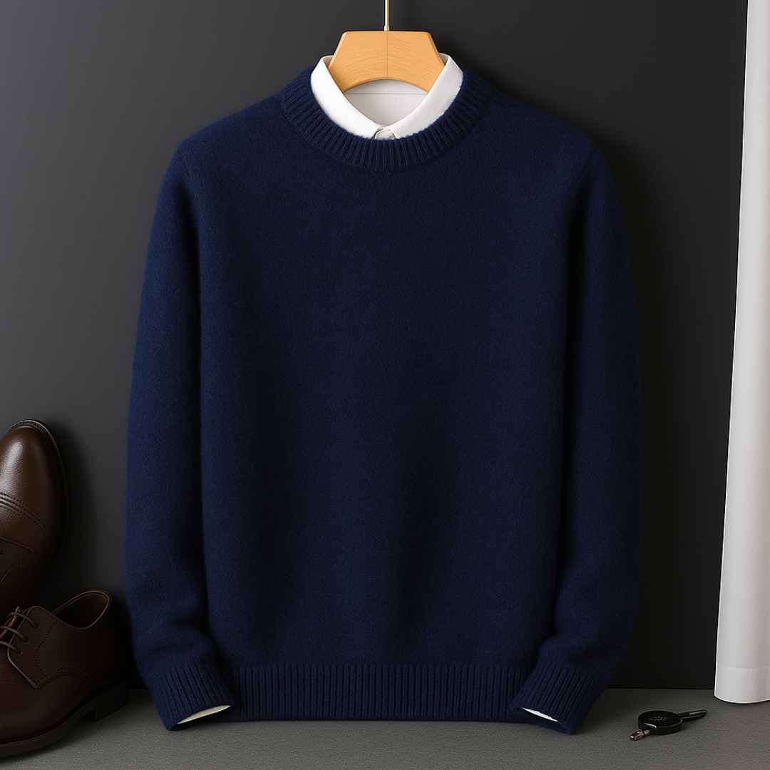 Full view of Men's Valencia ultra-soft pullover sweater. Stylish long sleeve knitwear, perfect for fall & winter comfort.