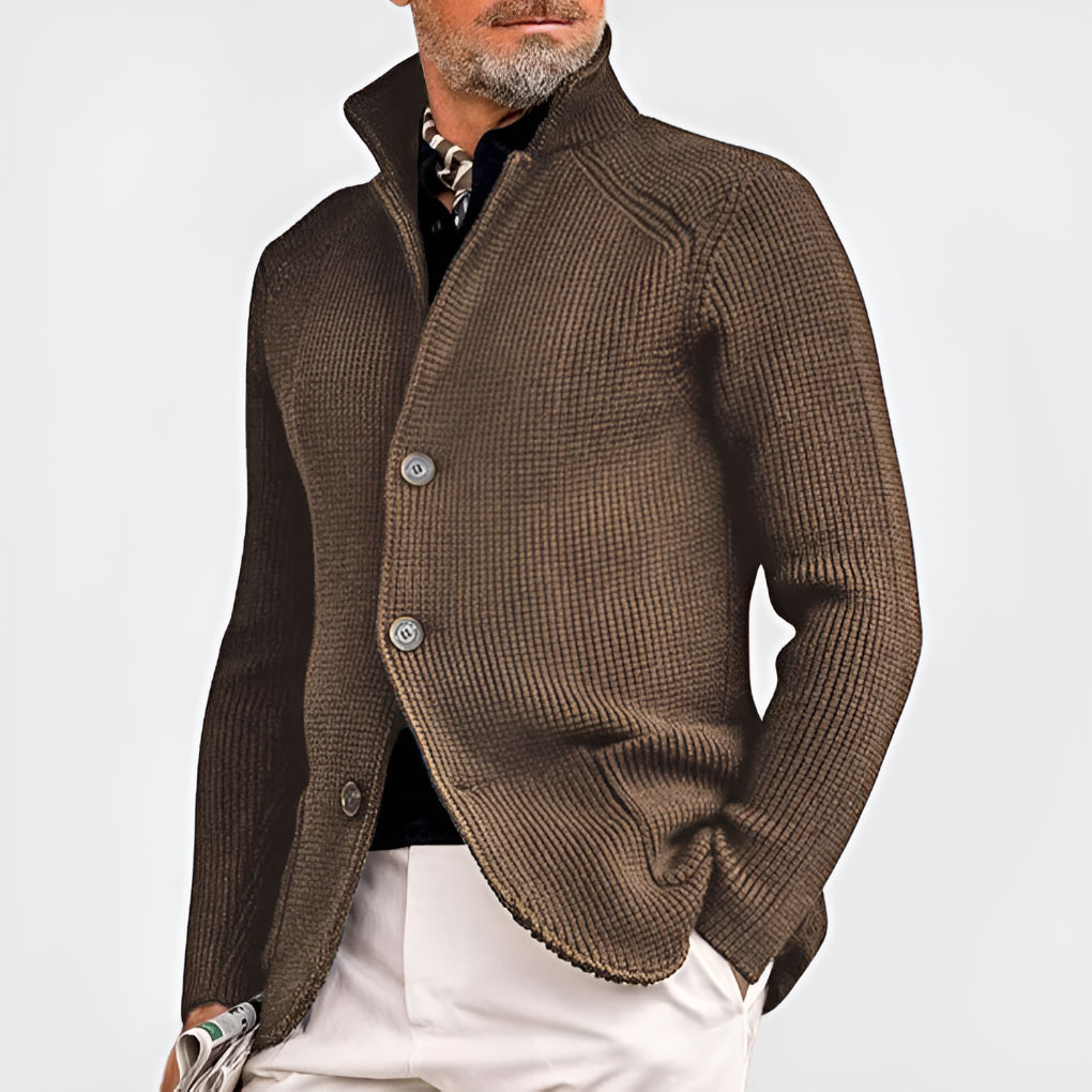 Long-sleeve men's knitted button-front cardigan, ideal for everyday comfort & winter essentials.
