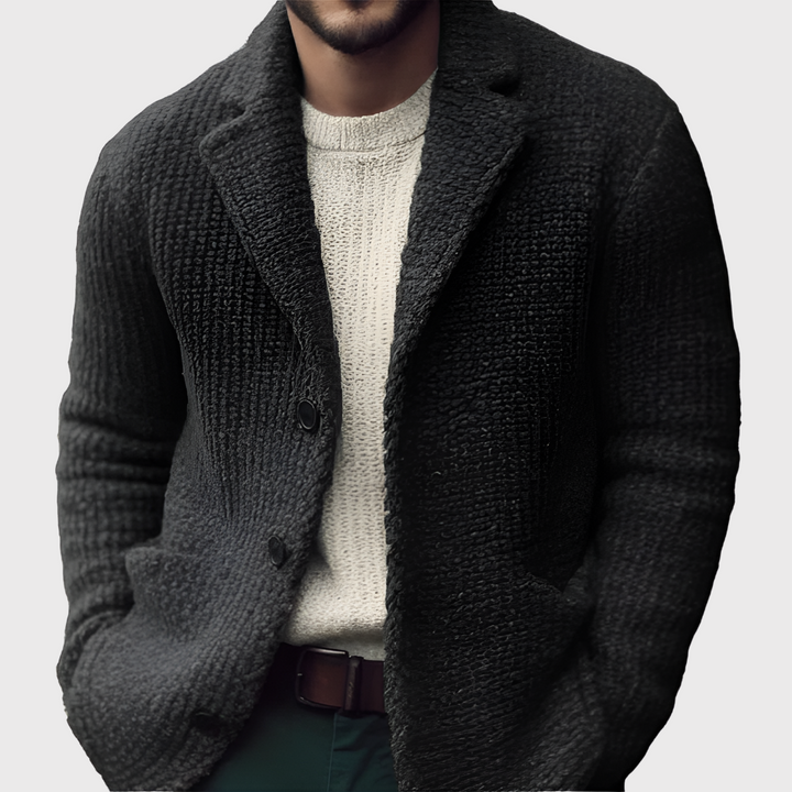 Comfortable men's knitted button-front cardigan, a versatile long-sleeve sweater for fall and winter apparel.