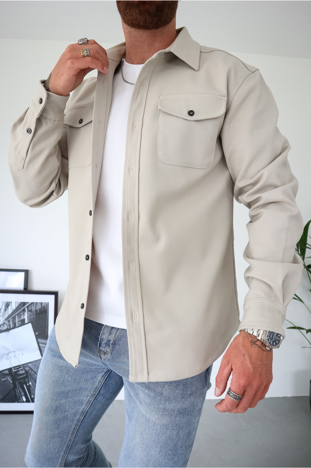 Transitional men's overshirt jacket, a button-up long sleeve perfect for changing seasons.