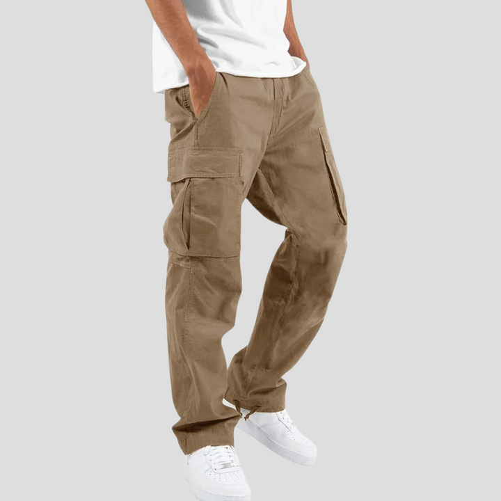 Comfortable men's utility cargo pants with adjustable waist, durable fabric, ideal for daily wear.