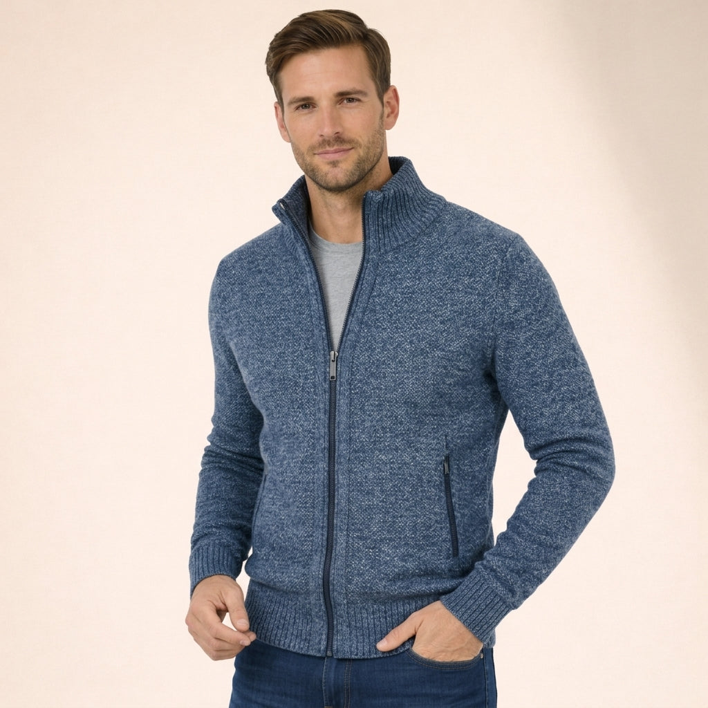 Men's versatile full zip sweater in a classic knit, perfect for effortless smart casual style and layering.