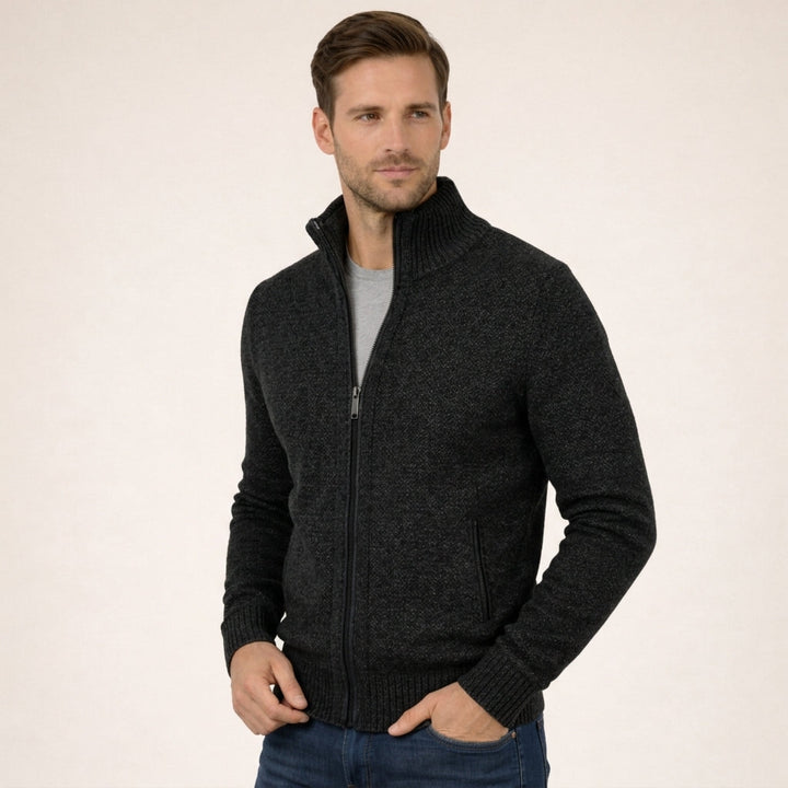 Stylish men's long sleeve full zip sweater, ideal for casual wear or as a sophisticated layering piece.