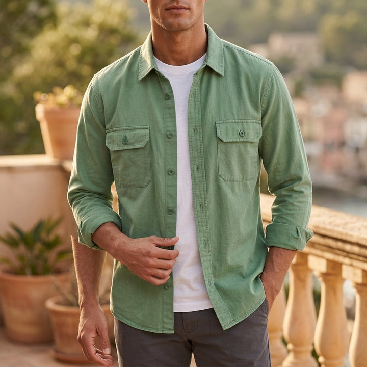 Men's versatile green button-up overshirt with long sleeves & tailored fit. Perfect casual layering shirt with chest pockets.