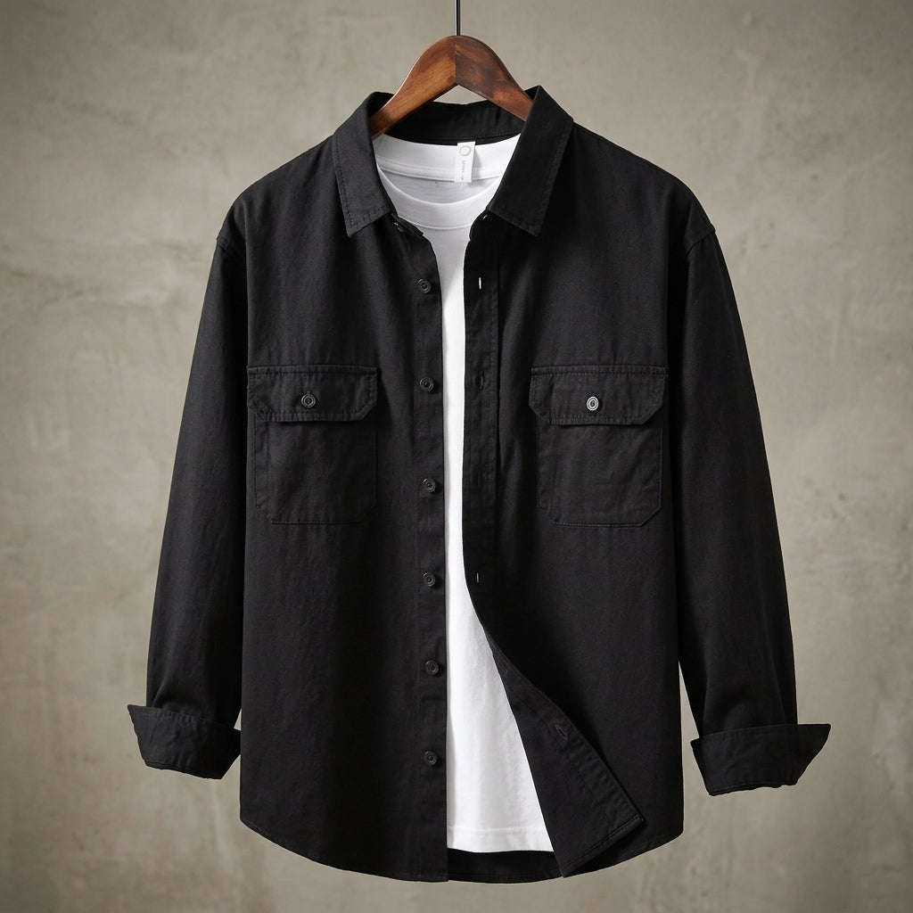 Black men's long sleeve overshirt, a versatile layering piece for casual & smart fashion.