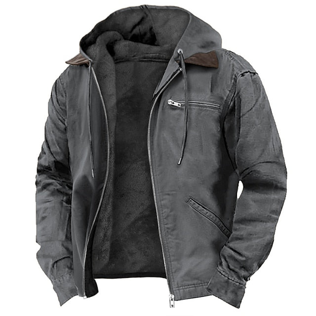 Casual men's hooded jacket, ideal for fall & spring outdoor activities. Provides weather protection for versatile everyday wear.