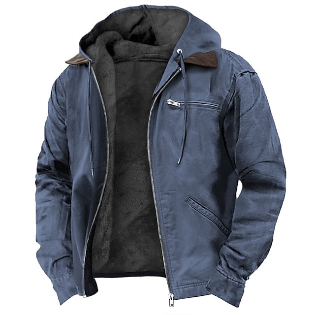 Full view of a men's versatile hooded outdoor jacket, designed for all-season weather protection and active lifestyle.