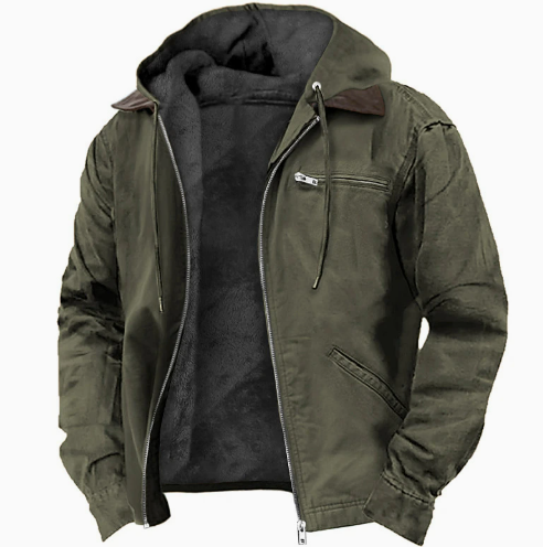 Back view: Men's versatile outdoor hooded jacket, an essential long-sleeve outerwear for all seasons & everyday comfort.