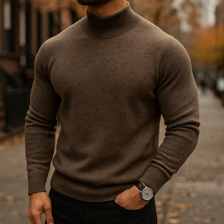 Comfortable men's semi-turtleneck sweater, a sophisticated long-sleeve top for elegant winter style & layering.