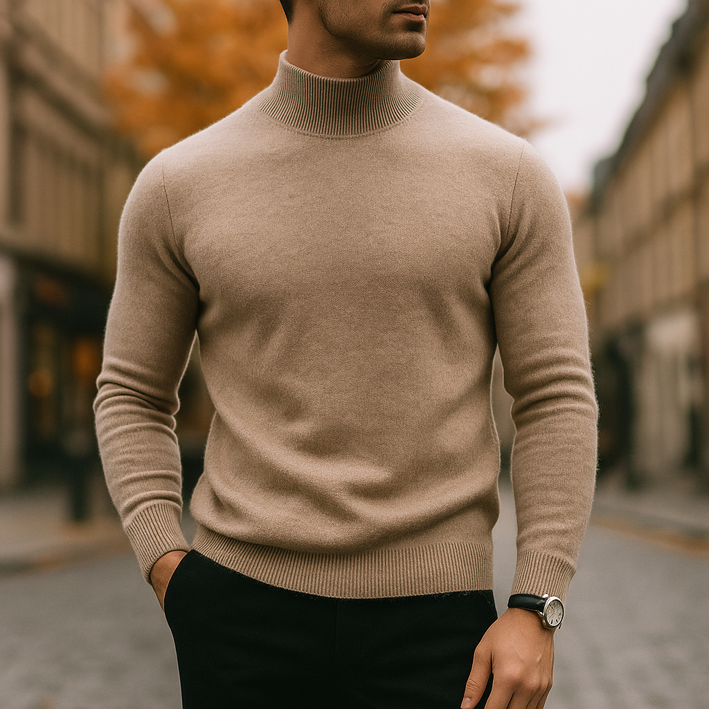 Elegant men's semi-turtleneck sweater, an ideal layering piece for versatile winter fashion and comfort wear.