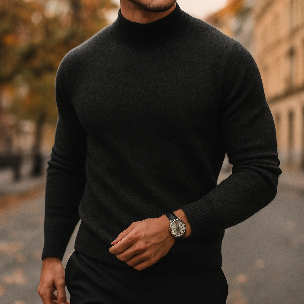 Versatile men's semi-turtleneck sweater; a sophisticated long-sleeve top for elegant men's apparel.