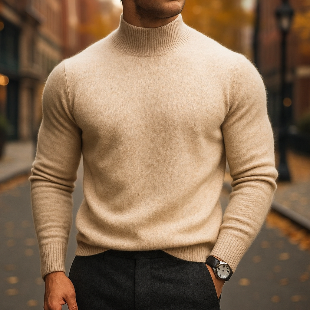 Sophisticated men's semi-turtleneck sweater for an elegant and elevated modern look; perfect winter style.