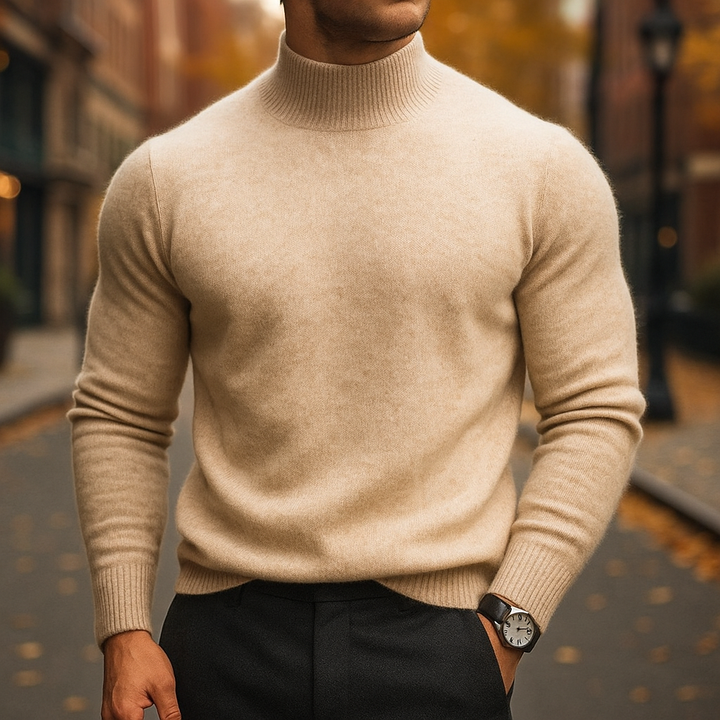 Sophisticated men's semi-turtleneck sweater for an elegant and elevated modern look; perfect winter style.