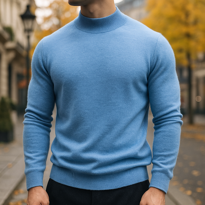 Warm men's semi-turtleneck sweater, a comfortable and stylish long-sleeve top for versatile winter fashion.