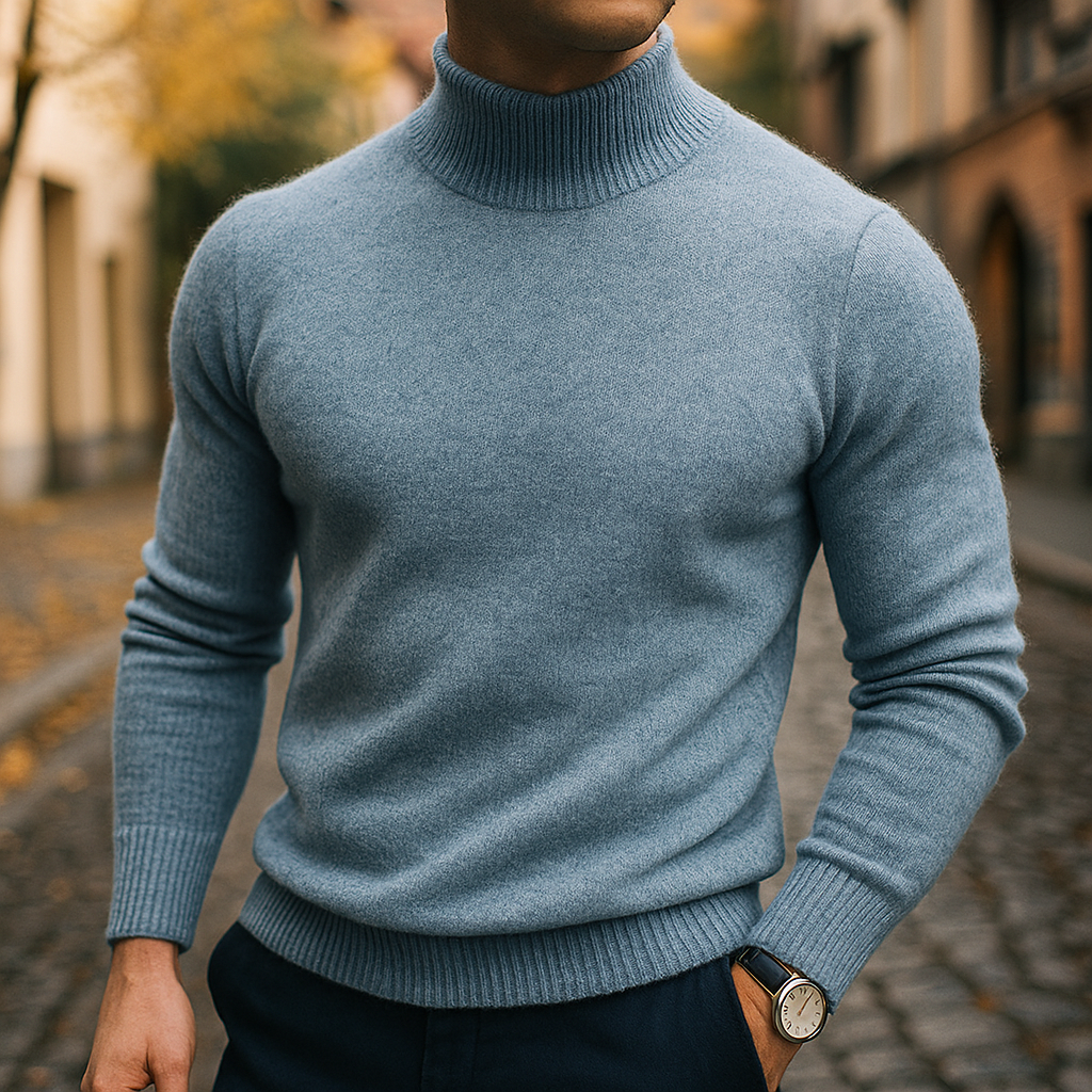 Close-up of a men's semi-turtleneck sweater, highlighting soft fabric for comfort wear & elegant winter style.