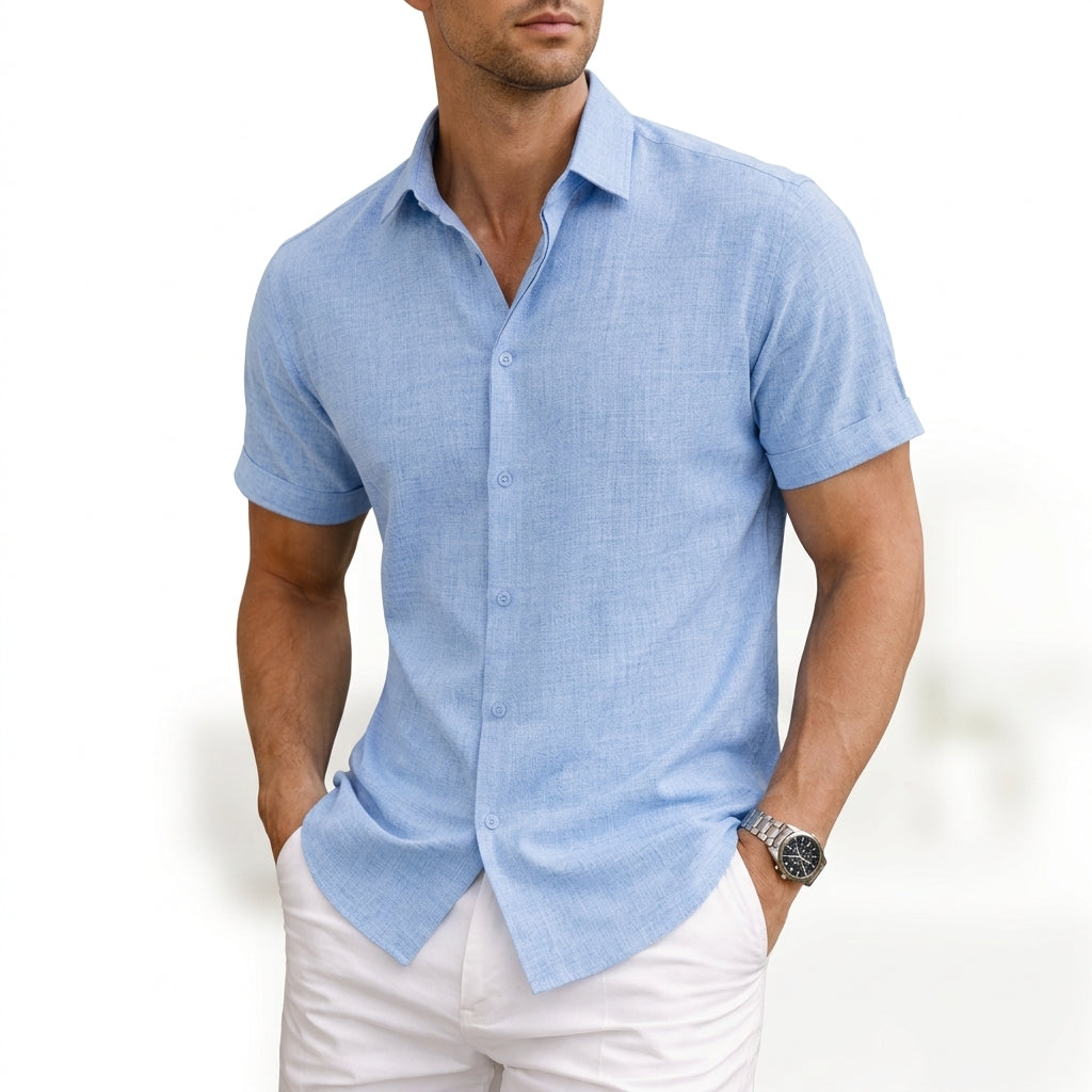 Men's versatile short sleeve button-down shirt, perfect for casual or smart-casual occasions, modern style.
