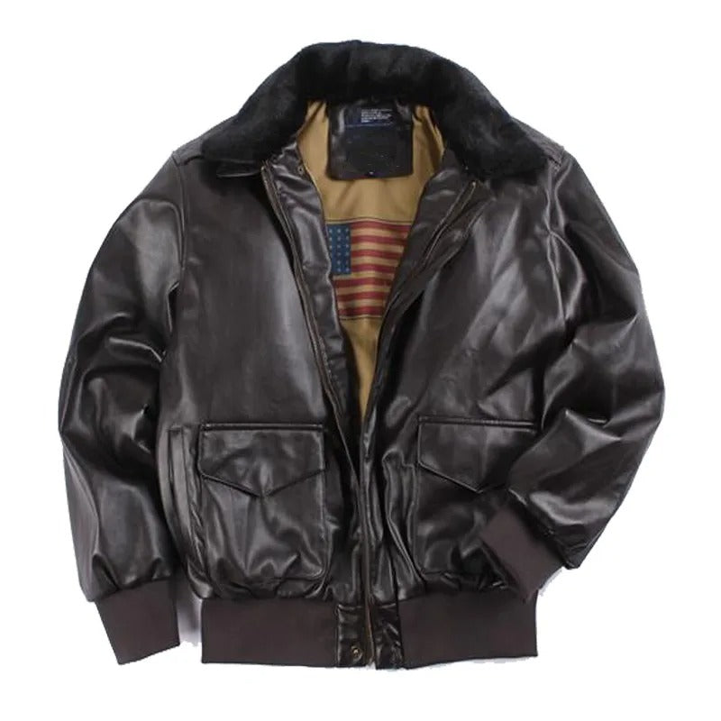 Men's vintage black leather motorcycle jacket, rugged winter biker style outerwear for cool weather.