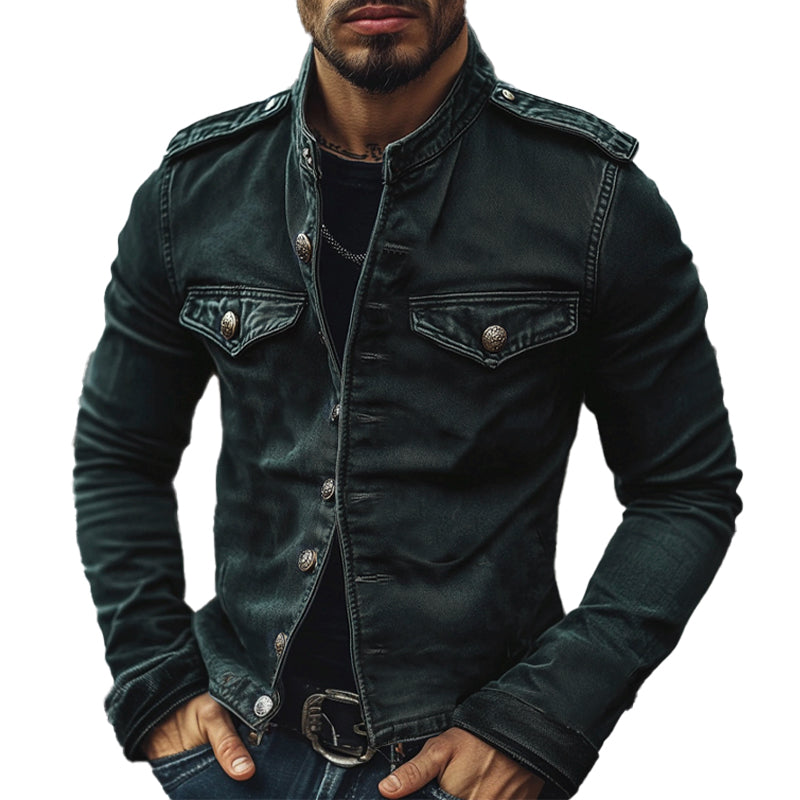 Men's vintage blue biker jacket with stand collar, slim fit, and zipper closure for mid-season casual wear.