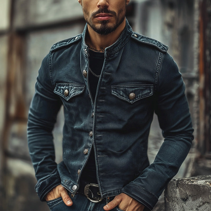 Men's mid-season blue vintage biker jacket, stand collar, slim fit. Zippered casual outerwear.